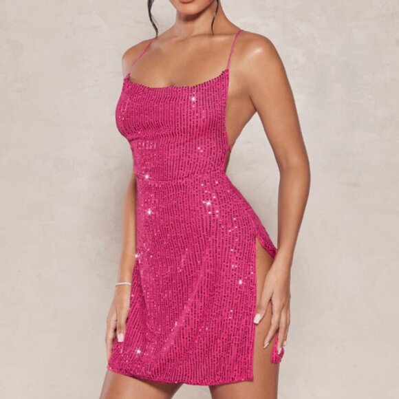 Women’s Hot Pink Sequin Split Thigh Crisscross Tie Backless Cami Dress Size 8/10 - Picture 1 of 4